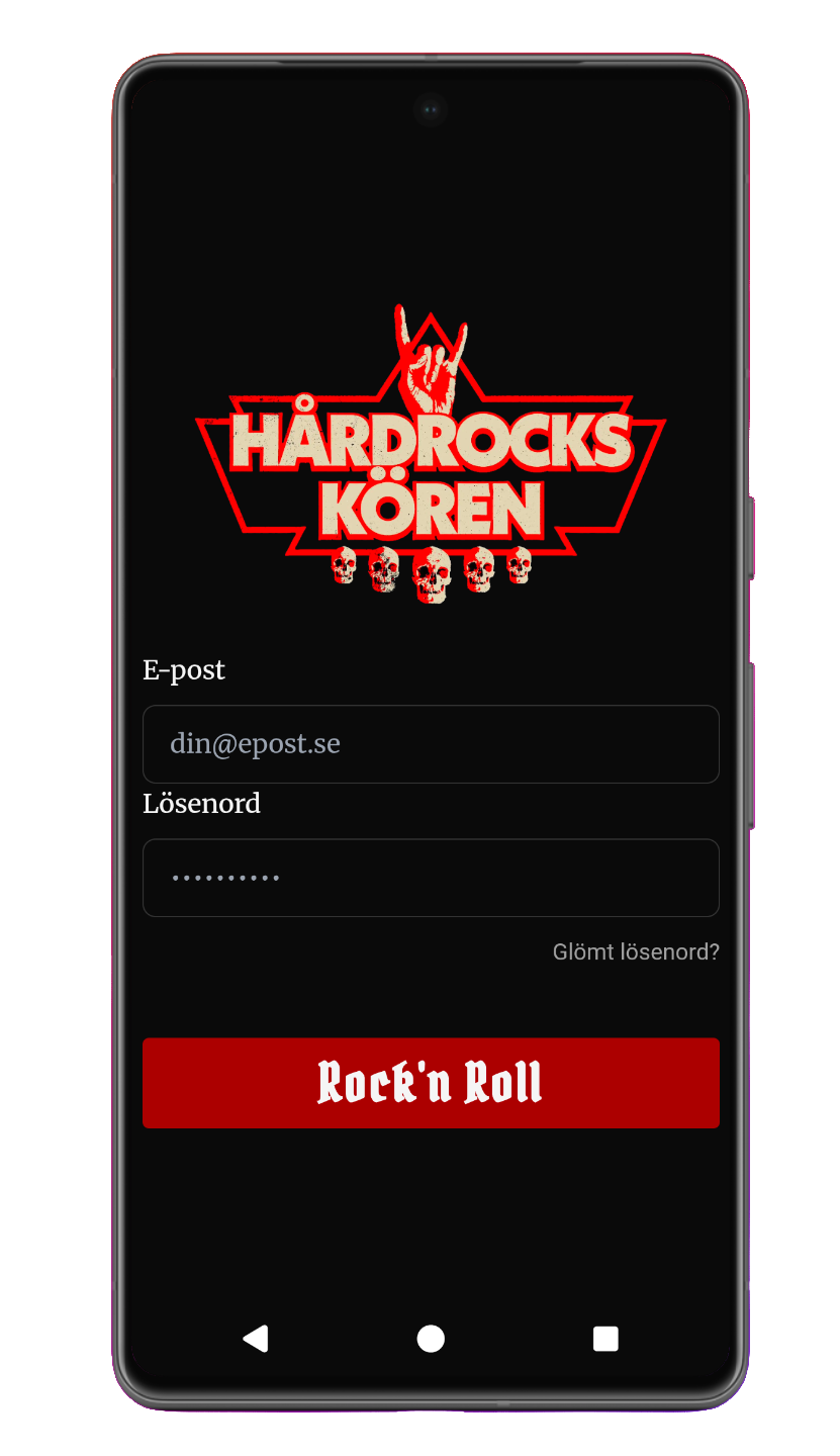App HRK v2 – Hårdrocks Kören, inloggningsskärm